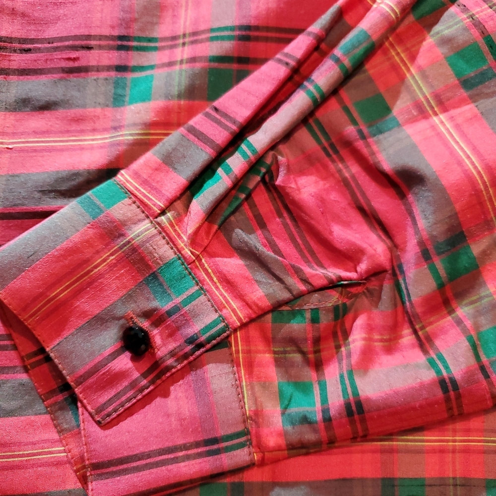 Appleseeds 100% Silk Size 16 Womens Button Up Red and Green Plaid Shirt - Picture 6 of 16